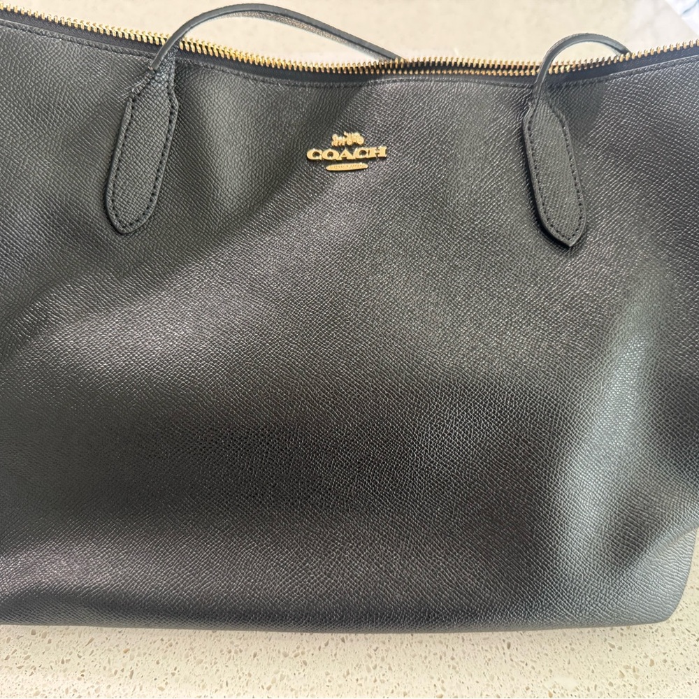 Coach Black Leather Tote with Gold Accents